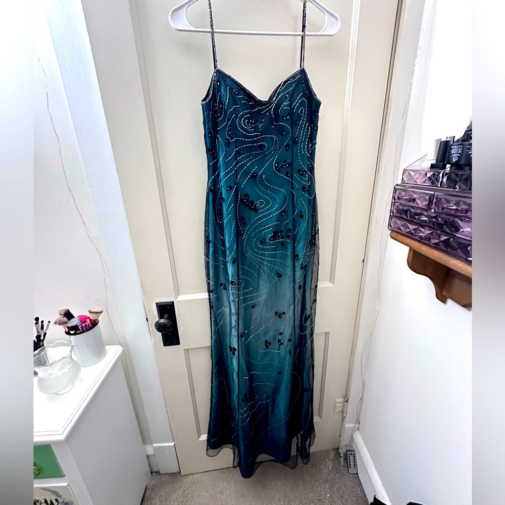 Fancy Floral Beaded Ombre Teal Formal Dress